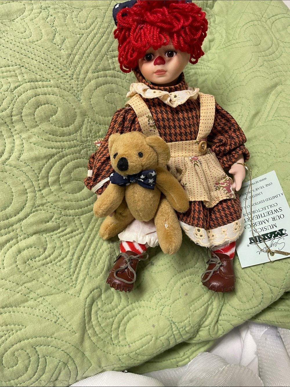 Vintage Style Red-Haired  Doll with Brown Teddy Bear